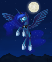 Size: 2500x3000 | Tagged: safe, artist:1nakir1, princess luna, g4, female, flying, grin, high res, looking at you, moon, night, nightmare luna, sky, slit pupils, smiling, solo, spread wings, squee