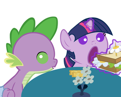 Size: 2995x2400 | Tagged: safe, artist:beavernator, spike, twilight sparkle, dragon, pony, unicorn, g4, season 1, the ticket master, baby, baby dragon, baby pony, baby spike, babylight sparkle, beavernator is trying to murder us, cute, filly, flower, foal, gala tickets, high res, magic, open mouth, sandwich, spikabetes, twiabetes, vase
