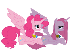 Size: 1000x700 | Tagged: safe, artist:chickensoup, pinkie pie, alicorn, pony, g4, duality, element of laughter, female, pinkamena diane pie, pinkamenacorn, pinkiecorn, pixiv, prone, race swap, simple background, solo, transparent background, xk-class end-of-the-world scenario