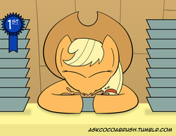 Size: 1280x989 | Tagged: safe, artist:cocoabrush, applejack, g4, 30 minute art challenge, contest, eating, eyes closed, female, pie, ribbon, solo
