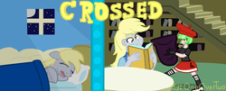 Size: 2338x941 | Tagged: safe, artist:oneovertwo, derpy hooves, drama letter, watermelody, pony, equestria girls, g4, background human, fanfic, fanfic art, fanfic cover
