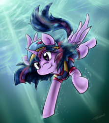 Size: 567x639 | Tagged: safe, artist:tailzkip, twilight sparkle, alicorn, pony, g4, clothes, female, hat, mare, solo, swimming, swimming cap, swimsuit, twilight sparkle (alicorn), underwater