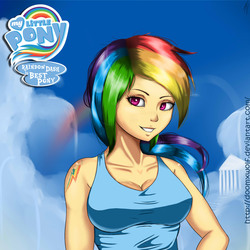 Size: 2000x2000 | Tagged: safe, artist:doomxwolf, edit, rainbow dash, human, g4, breasts, busty rainbow dash, female, high res, humanized, logo, logo edit, solo, tattoo