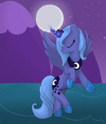 Size: 1152x1344 | Tagged: safe, artist:effervecentlytwee, princess luna, pony, g4, bipedal, eyes closed, female, magic, moon, night, s1 luna, solo, spread wings