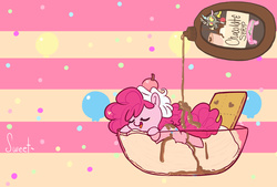 Size: 1748x1181 | Tagged: safe, artist:mt, discord, pinkie pie, g4, chocolate, chocolate sauce, chocolate syrup, food, ice cream, messy, micro