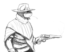 Size: 1280x1024 | Tagged: safe, artist:gordonfreeguy, big macintosh, earth pony, anthro, g4, clothes, cowboy, facial hair, grizzled, gun, hat, male, monochrome, poncho, revolver, sketch, solo