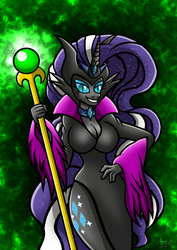 Size: 827x1169 | Tagged: safe, artist:darklamprey, nightmare rarity, unicorn, anthro, g4, abstract background, cleavage, crossover, disney, female, grin, maleficent, side slit, slit pupils, smiling, solo, staff