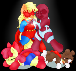 Size: 2275x2125 | Tagged: safe, artist:blackbewhite2k7, apple bloom, applejack, winona, dog, earth pony, pony, g4, app-el, commission, crossover, eyes closed, fight, heat vision, high res, male, parasite, ponified, sparks, superfilly, supergirl, superman, supermare, unconscious