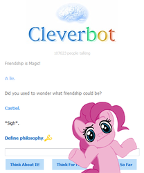 Size: 414x498 | Tagged: safe, pinkie pie, earth pony, pony, g4, barely pony related, castiel, cleverbot, fail, female, mare, meme, philosophy, shrug, shrugpony, solo, supernatural, text