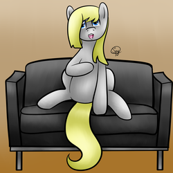 Size: 1024x1025 | Tagged: safe, artist:starshinefox, oc, oc only, oc:melody, :d, couch, sitting, smiling, solo
