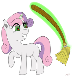 Size: 3403x3566 | Tagged: safe, artist:annonymouse, sweetie belle, pony, robot, unicorn, g4, blank flank, broom, female, filly, foal, high res, hooves, horn, levitation, magic, simple background, smiling, solo, sweetie bot, teeth, telekinesis, white background