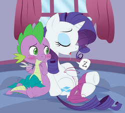 Size: 1200x1088 | Tagged: safe, artist:pia-sama, rarity, spike, dragon, pony, unicorn, g4, baby, baby dragon, blushing, carousel boutique, cloth, curtains, cute, cutie mark, drool, fabric, female, male, mare, raribetes, scissors, sewing needle, ship:sparity, shipping, sitting, sleeping, spikabetes, straight, window, z