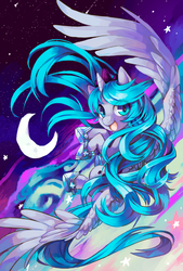 Size: 700x1036 | Tagged: dead source, safe, artist:theuselesstoe, princess luna, alicorn, pony, crescent moon, crown, female, flying, hoof shoes, jewelry, large wings, looking at you, mare, moon, night, night sky, open mouth, regalia, shooting star, sky, smiling, solo, spread wings, starry night, stars, underhoof, upside down, wings