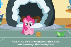 Size: 960x640 | Tagged: safe, screencap, gummy, pinkie pie, g4, my little pony party of one, official, party of one, app, caption