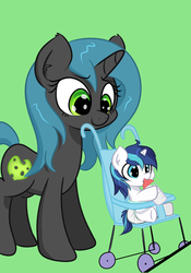 Size: 442x630 | Tagged: safe, artist:skitter, queen chrysalis, shining armor, changeling, pony, unicorn, g4, age regression, baby, baby bottle, babying armor, colt, colt shining armor, cute, cutealis, diaper, duo, duo male and female, explicit source, female, foal, male, mommy chrissy, ponified, shining adorable, stroller, younger