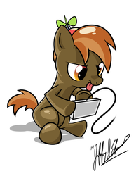 Size: 700x900 | Tagged: safe, artist:turkthewolf, button mash, earth pony, pony, g4, :p, blank flank, colt, concentrating, controller, foal, hat, hooves, male, propeller hat, signature, simple background, sitting, solo, tongue out, white background