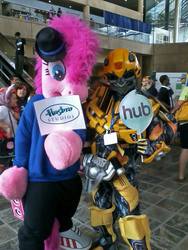 Size: 720x960 | Tagged: safe, pinkie pie, bronycon, g4, bumblebee (transformers), cosplay, hasbro, irl, photo, ponysuit, rapper pie, the hub, transformers