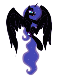 Size: 3429x4634 | Tagged: safe, artist:selenophile, nightmare moon, princess luna, alicorn, pony, g4, bedroom eyes, fangs, female, flying, looking at you, missing accessory, open mouth, simple background, smiling, solo, spread wings, stupid sexy nightmare moon