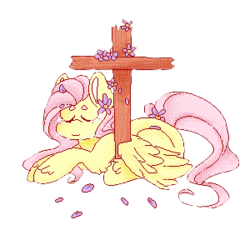 Size: 300x300 | Tagged: dead source, safe, artist:heavenlygalaxies, fluttershy, pegasus, pony, g4, cross, crying, eyes closed, female, flower in hair, mare, religion, sad, simple background, solo, transparent background
