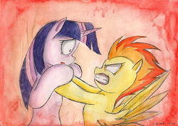 Size: 2321x1642 | Tagged: safe, artist:souleatersaku90, spitfire, twilight sparkle, g4, angry, duo, fanfic, fanfic art, rage, the simple life, traditional art