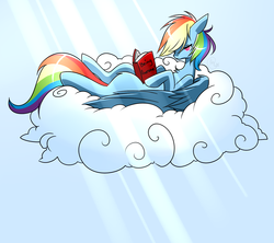 Size: 1607x1425 | Tagged: safe, artist:haydee, rainbow dash, g4, book, cloud, female, lying, on back, reading, solo