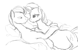 Size: 1263x817 | Tagged: safe, artist:patch, davenport, rarity, earth pony, pony, unicorn, g4, bed, bedroom eyes, belly, crack shipping, cuddling, davenity, eye contact, female, hug, male, mare, monochrome, on side, pregnant, rariport, shipping, sketch, smiling, snuggling, stallion, straight