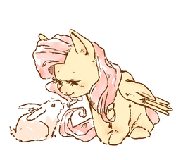 Size: 550x500 | Tagged: safe, artist:yukifubu, fluttershy, rabbit, g4, female, simple background, sitting, solo