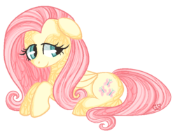 Size: 700x525 | Tagged: safe, artist:gingersnaap, fluttershy, g4, female, floppy ears, lying, smiling, solo