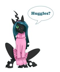 Size: 1024x1226 | Tagged: safe, artist:kmwolf, queen chrysalis, changeling, changeling queen, nymph, g4, clothes, cute, cutealis, dialogue, female, filly, filly queen chrysalis, foal, hairband, head tilt, hug request, huggle, looking at you, one eye closed, smiling, smiling at you, solo, sweater, teenager, wink, younger