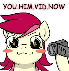 Size: 600x621 | Tagged: artist needed, safe, roseluck, earth pony, pony, g4, blushing, camcorder, female, looking at you, mare, simple background, smiling, solo, you. me. x. now.