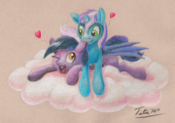 Size: 2999x2112 | Tagged: safe, artist:tsitra360, oc, oc only, oc:gyro tech, oc:inky, bat pony, pony, unicorn, cloud, colored pencil drawing, cute, ear bite, fangs, female, gynky, heart, high res, male, mare, nom, on top, open mouth, prone, shipping, smiling, stallion, straight, traditional art, wink