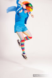 Size: 900x1352 | Tagged: safe, artist:goblincreations, rainbow dash, human, g4, clothes, cosplay, irl, irl human, photo, rainbow socks, socks, striped socks