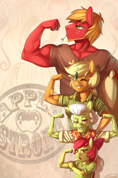 Size: 800x1200 | Tagged: safe, artist:siden, apple bloom, applejack, big macintosh, granny smith, earth pony, anthro, g4, apple family, applejacked, eye clipping through hair, female, flexing, freckles, granny smash, great macintosh, looking at you, male, muscles, muscular female, muscular male, one eye closed, open mouth, profile, smiling, wink