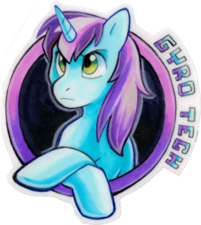 Size: 1216x1360 | Tagged: safe, artist:olivejuice, oc, oc only, oc:gyro tech, pony, unicorn, badge, con badge, male, marker drawing, portrait, simple background, solo, stallion, traditional art, white background
