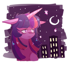 Size: 1579x1414 | Tagged: safe, artist:chiptoony, twilight sparkle, pony, unicorn, g4, bust, city, cityscape, crescent moon, female, floppy ears, mare, moon, night, partial background, solo, stars, tired