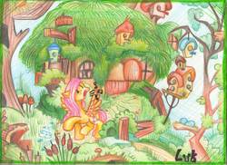 Size: 1000x729 | Tagged: safe, artist:byluk, fluttershy, g4, female, fluttershy's cottage, happy, music notes, singing, solo, traditional art