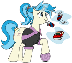 Size: 2650x2315 | Tagged: safe, artist:fatponysketches, allie way, pony, unicorn, g4, burger, clothes, drink, food, high res, magic, shirt, solo