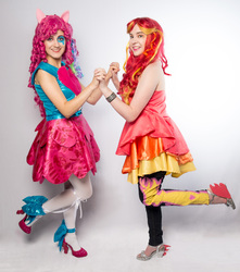 Size: 3264x3695 | Tagged: safe, artist:lochlan o'neil, artist:sarahndipity cosplay, pinkie pie, sunset shimmer, human, equestria girls, g4, my little pony equestria girls: rainbow rocks, clothes, cosplay, high heels, high res, irl, irl human, pantyhose, photo, shoes, skirt