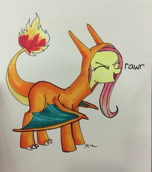 Size: 1068x1208 | Tagged: safe, artist:catscratchpaper, fluttershy, charizard, g4, clothes, costume, female, pokémon, rawr, solo, traditional art