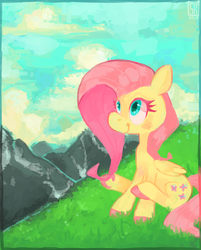 Size: 806x1003 | Tagged: safe, artist:chickenmcfuckit, fluttershy, g4, female, sitting, smiling, solo