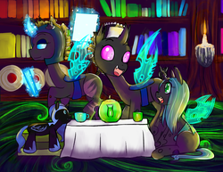 Size: 3080x2380 | Tagged: safe, artist:ryuredwings, nightmare moon, queen chrysalis, oc, oc:tarrlok, changeling, nymph, g4, filly queen chrysalis, high res, tea party, younger
