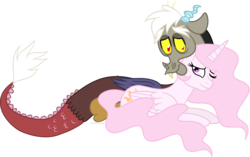 Size: 1844x1156 | Tagged: safe, artist:poikahorse, discord, princess celestia, g4, female, male, pink-mane celestia, ship:dislestia, shipping, simple background, straight, transparent background, young, younger