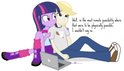 Size: 1040x600 | Tagged: safe, artist:dm29, twilight sparkle, oc, equestria girls, g4, ask, canon x oc, computer, duo, laptop computer, simple background, transparent background, tumblr