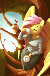 Size: 800x1200 | Tagged: safe, artist:siden, fluttershy, bird, pegasus, anthro, plantigrade anthro, g4, clothes, cottagecore, cute, drinking, eyes closed, feet, female, food, sandals, shyabetes, solo, tea, teacup, tree