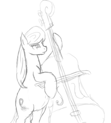Size: 1337x1479 | Tagged: safe, artist:patch, octavia melody, earth pony, pony, g4, bedroom eyes, belly, belly button, bipedal, cello, female, hoof hold, monochrome, musical instrument, pregnant, sketch, smiling, solo