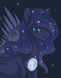 Size: 1800x2298 | Tagged: safe, artist:dragonataxia, princess luna, alicorn, pony, g4, curved horn, female, horn, missing accessory, smiling, solo