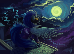 Size: 2500x1824 | Tagged: safe, artist:dragonataxia, clothes, lightning, moon, night, shadowbolts, shadowbolts costume, solo, spread wings