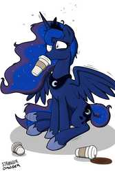 Size: 1280x1920 | Tagged: safe, artist:strangerdanger, princess luna, g4, caffeine, coffee, drinking, female, hoof tapping, leg twitch, luna found the coffee, messy mane, mismatched eyes, shivering, sitting, solo, spread wings, wide eyes, wingding eyes