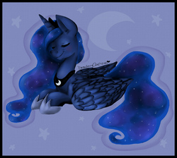 Size: 1950x1750 | Tagged: safe, artist:drawing-heart, princess luna, g4, eyes closed, female, prone, smiling, solo