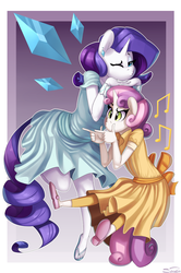 Size: 799x1200 | Tagged: safe, artist:siden, rarity, sweetie belle, anthro, plantigrade anthro, g4, clothes, dress, duckface, feet, flip-flops, sandals, sisters